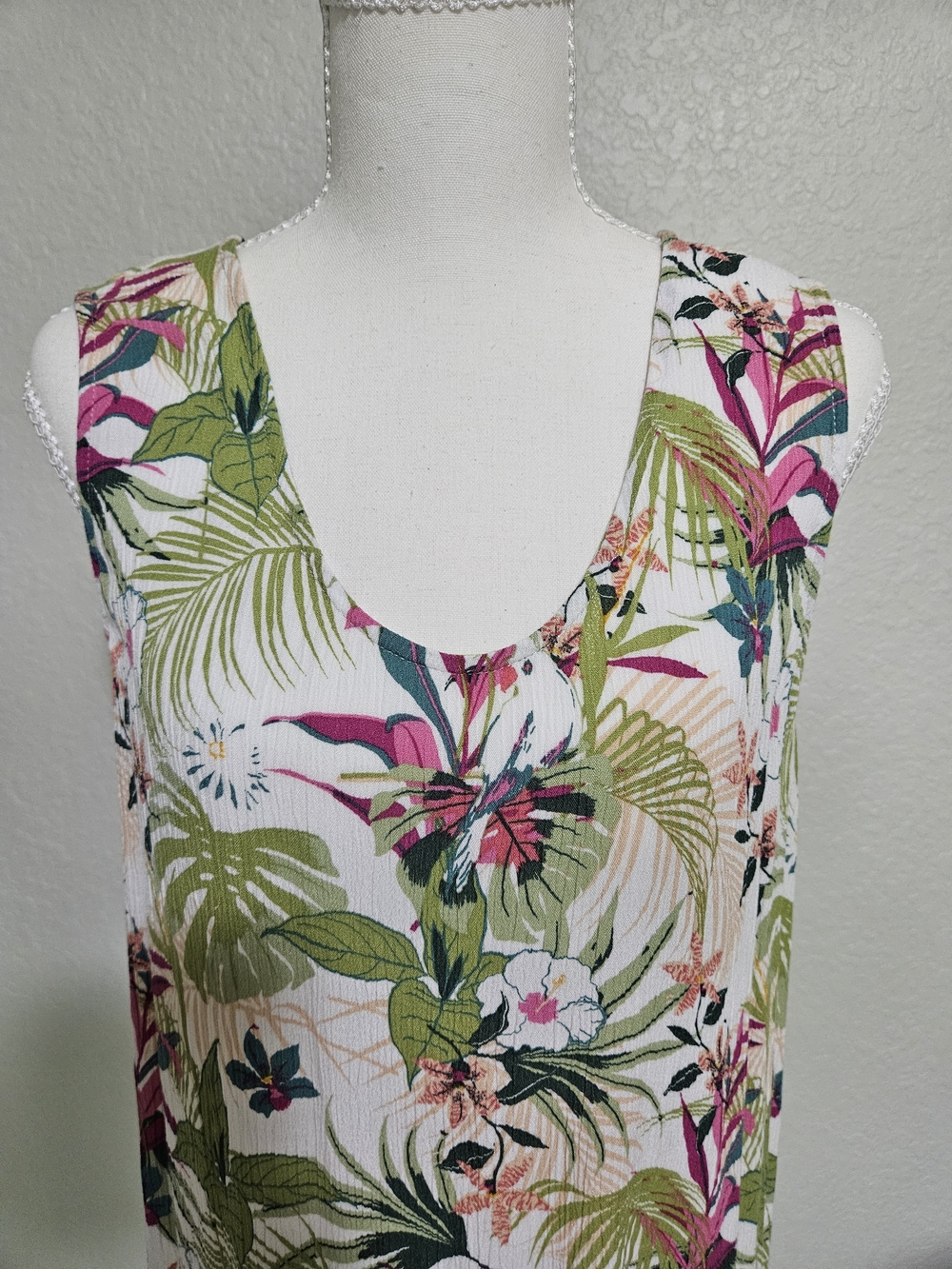 Krazy Kat Floral Scoop Neck Dress- White, Green & Pink